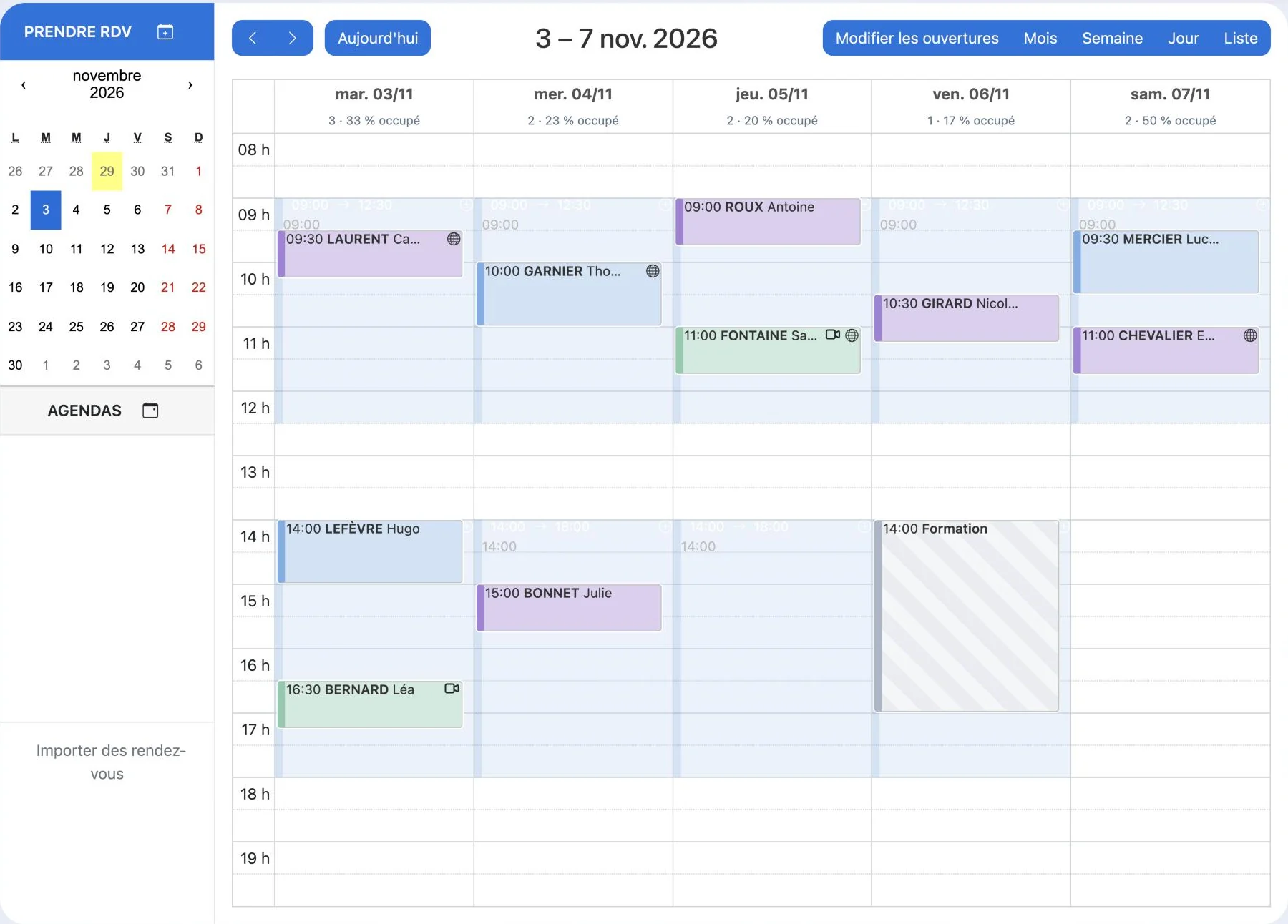 Agenda Solynae en vue semaine : rendez-vous réservés en ligne, téléconsultations et plages d’ouverture