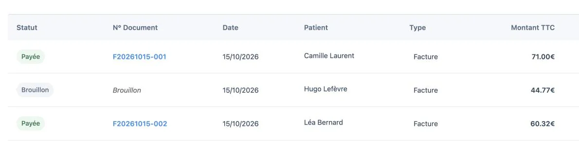 Liste des factures Solynae : statut, numéro, date, patient et montant