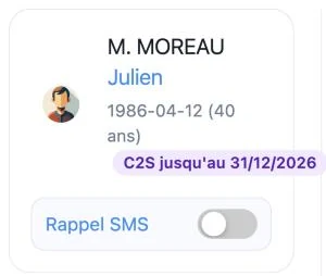 Fiche patient Solynae avec l’interrupteur du rappel par SMS