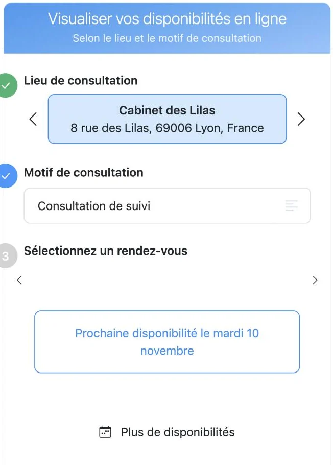 Réservation depuis la page professionnelle Solynae : lieu, motif, puis prochaine disponibilité