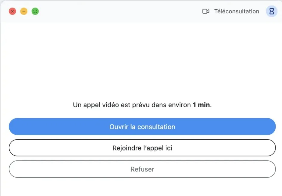 Fenêtre de téléconsultation Solynae : un appel vidéo prévu dans une minute